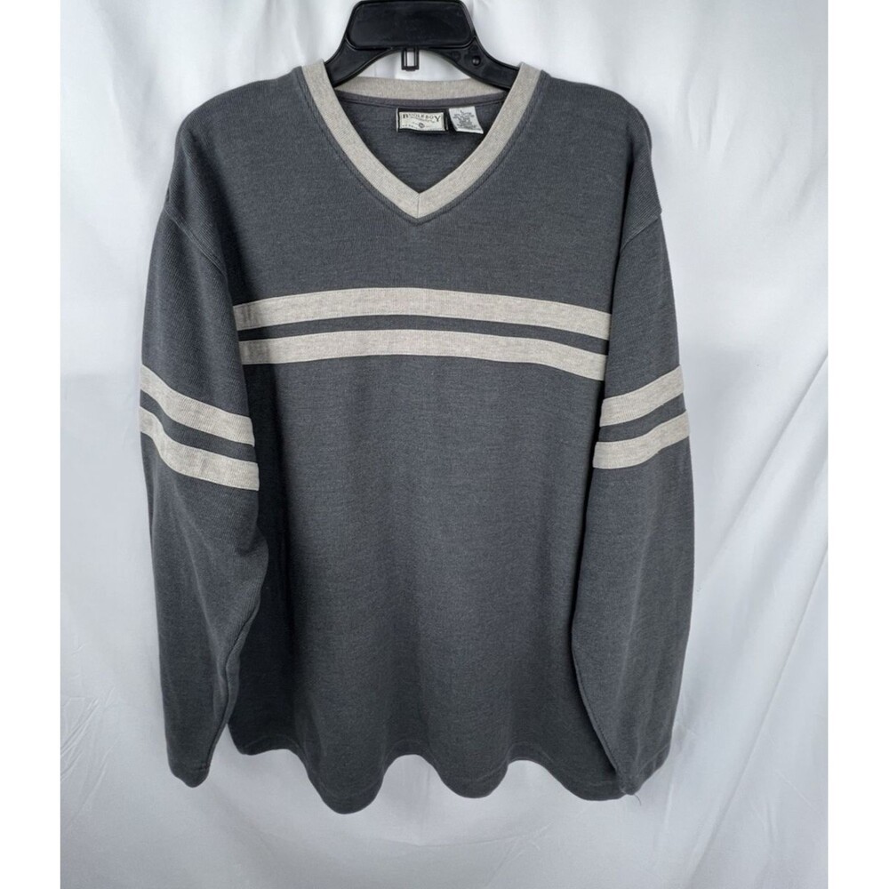 Vintage BUGLE BOY Mens Large Gray V Neck Stripe Long Sleeve Shirt 90s Y2K